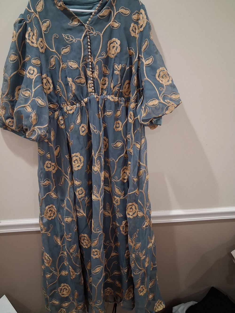 SHEIN Blue Maxi Dress with Gold Floral Embroidery